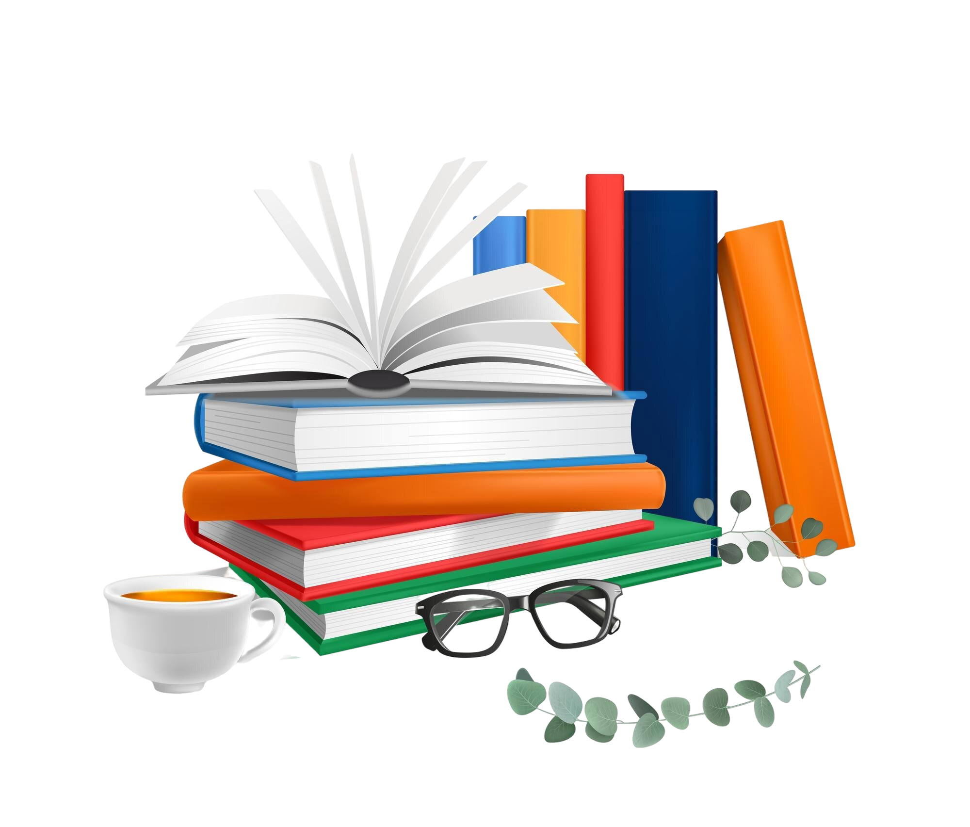 realistic book lover composition with stack colorful books with eyeglasses home plants tea cup vector illustration.png